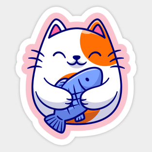 Cute Cat Holding Fish Cartoon Sticker